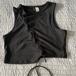 Black Lace-Up Ribbed Tank Top